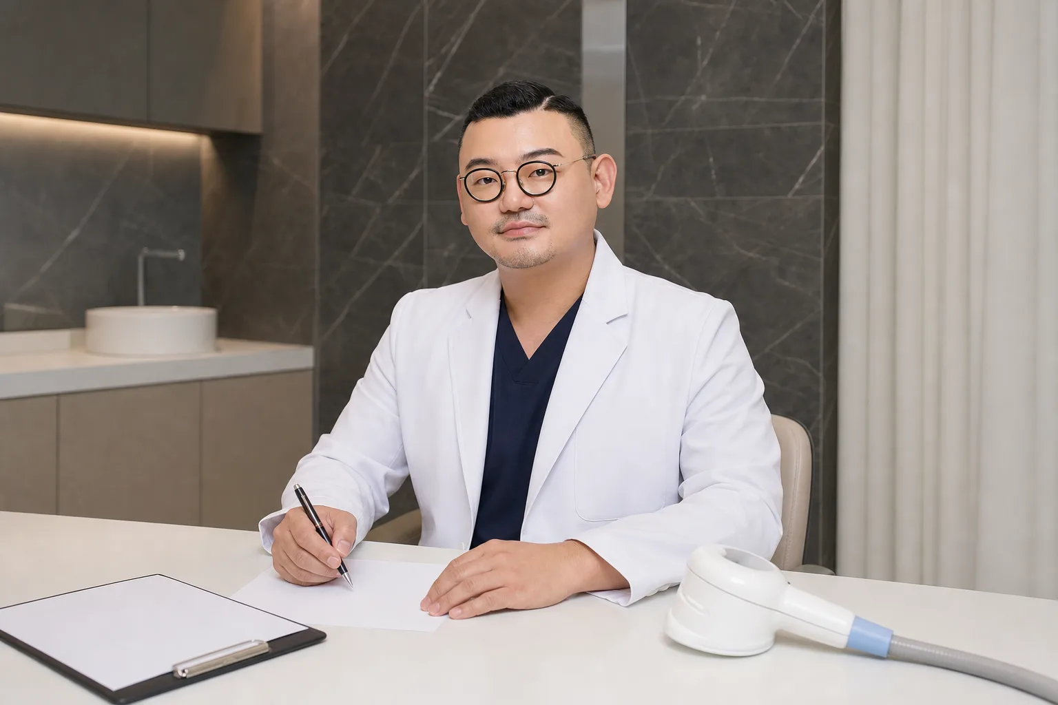 Dr. Hongseok Kim, board-certified dermatologist, writing notes beside a cooling applicator in the VOS treatment room, Gangnam