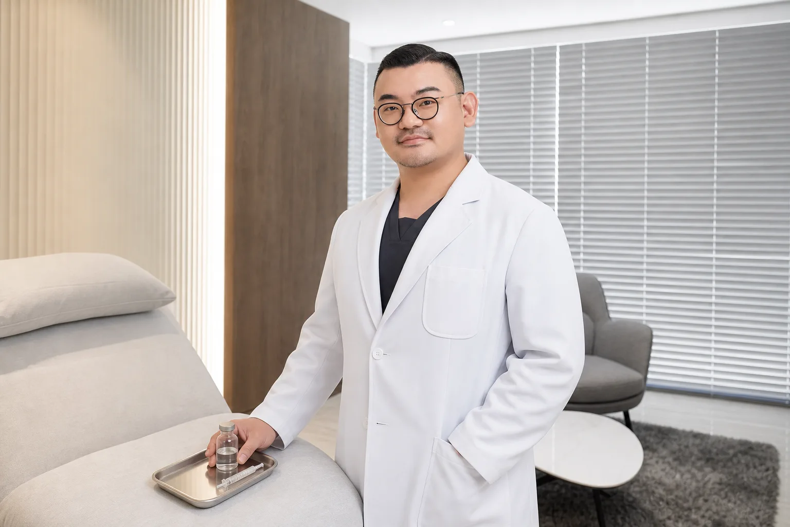 Dr. Hongseok Kim, board-certified dermatologist, standing next to a vial and fine syringe in the VOS consultation room, Gangnam