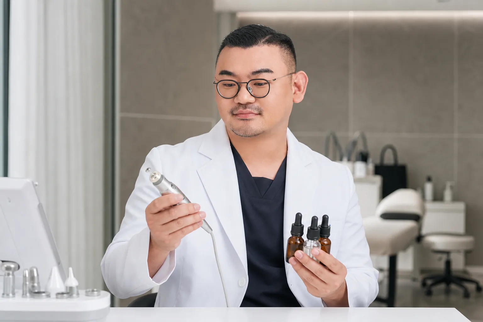 Dr. Hongseok Kim, board-certified dermatologist, examining a facial device in the VOS treatment room, Gangnam