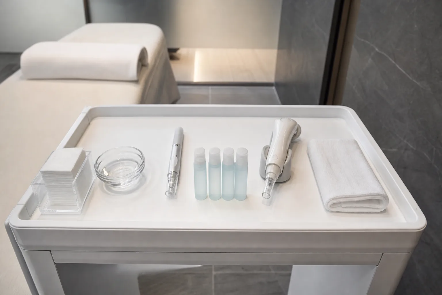 Treatment cart with cotton pads, a glass bowl, facial handpieces, small serum bottles and a folded towel at VOS Dermatology, Gangnam