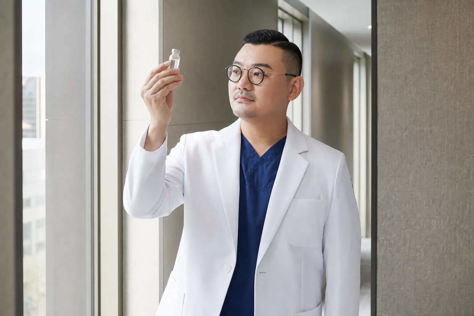 Dr. Hongseok Kim, board-certified dermatologist, checking a clear skin booster vial against daylight in a VOS Dermatology corridor, Gangnam