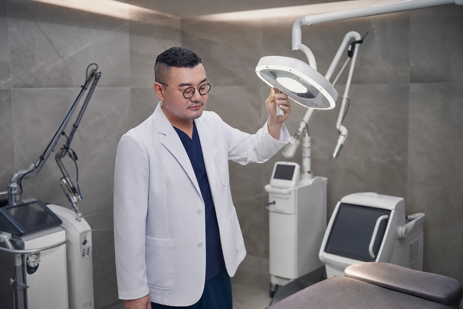 Dr. Hongseok Kim adjusting an examination lamp in the VOS Dermatology treatment room, with laser devices behind him