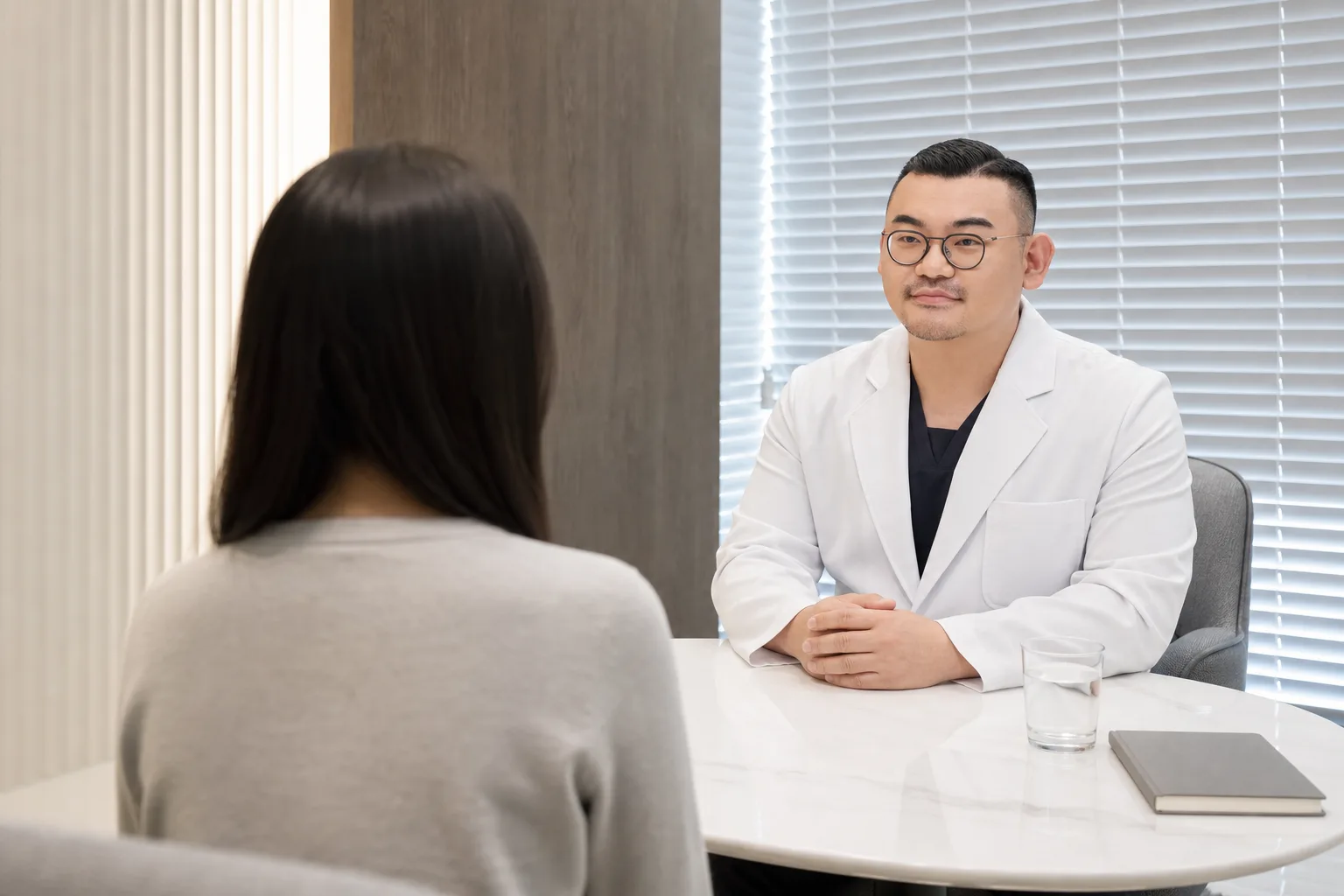 Dr. Hongseok Kim listening to a patient describe excessive sweating in a private consultation room at VOS Dermatology, Gangnam