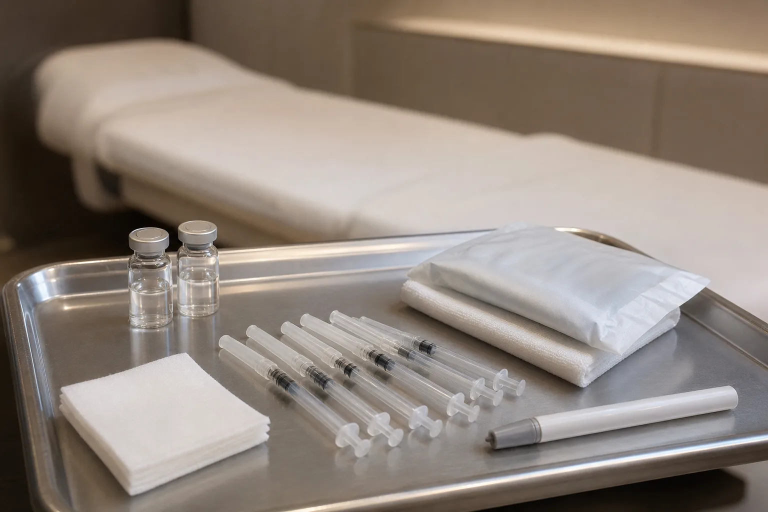 Treatment tray with injection vials, fine syringes, gauze and a cold pack prepared for hyperhidrosis injection at VOS Dermatology Clinic