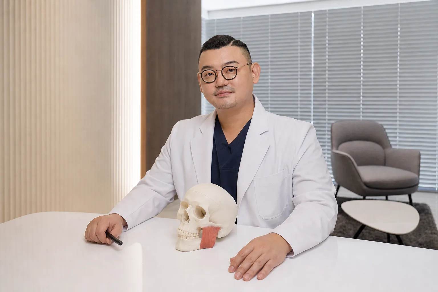 Dr. Hongseok Kim at his desk with an anatomical jaw model showing the masseter muscle at VOS Dermatology, Gangnam