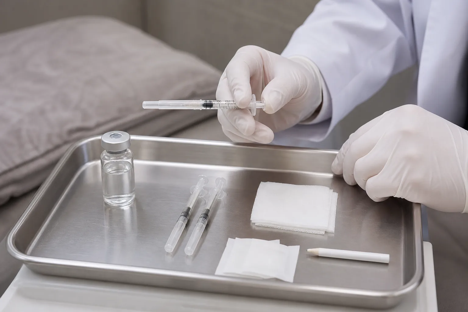Sterile tray with an injection vial and fine syringes prepared for masseter injection at VOS Dermatology Clinic, Gangnam Seoul