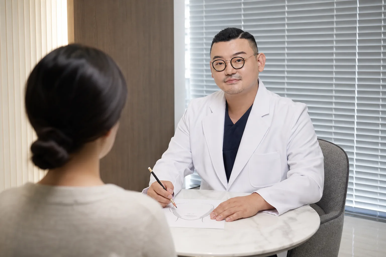 Dr. Hongseok Kim sketching both jaw angles for masseter slimming injection with a patient seen from behind at VOS Dermatology, Gangnam