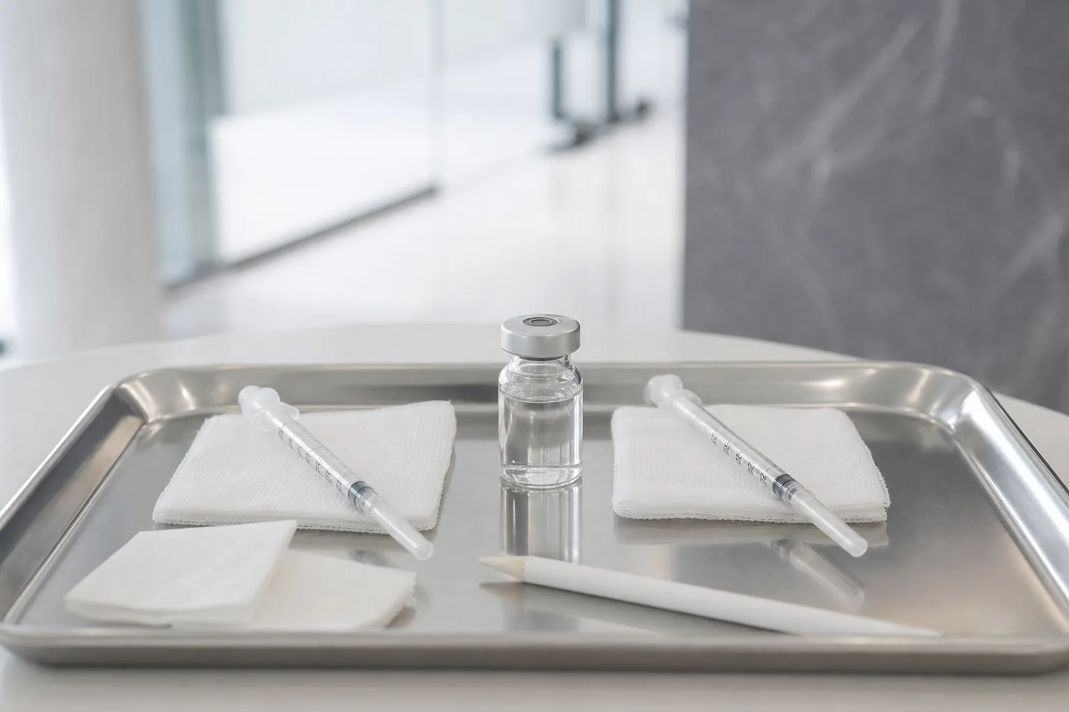Two capped syringes on separate gauze pads, one per side, prepared for masseter slimming injection at VOS Dermatology Clinic, Gangnam Seoul