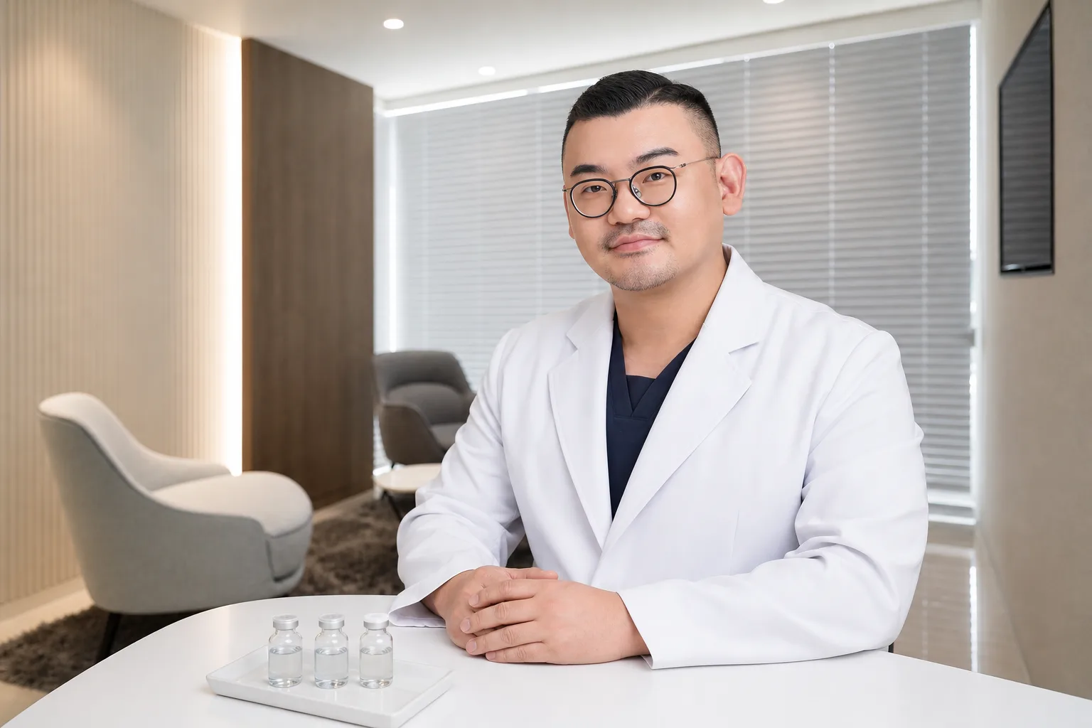 Dr. Hongseok Kim, board-certified dermatologist, seated with skin-booster vials in the VOS consultation room, Gangnam