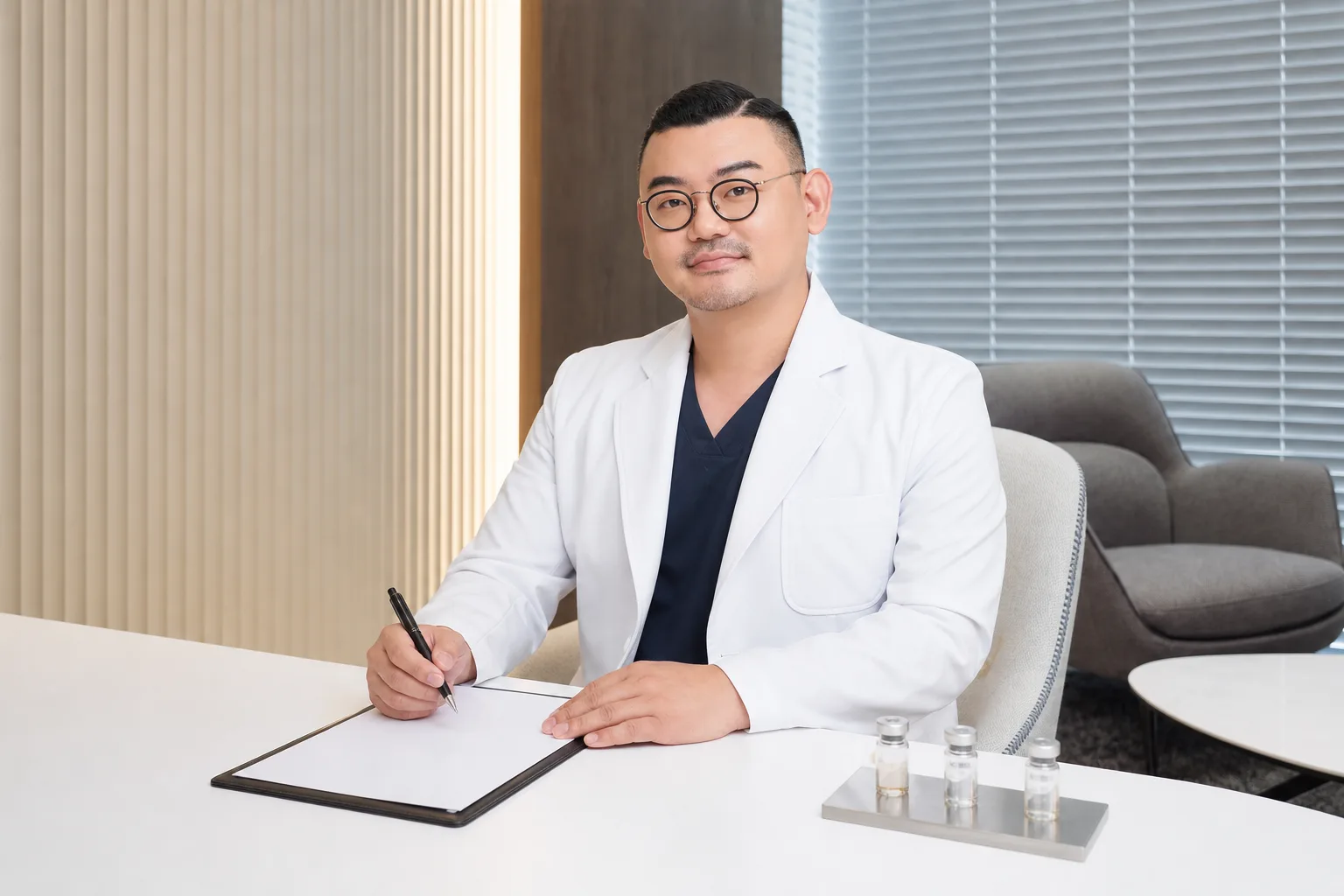 Dr. Hongseok Kim, board-certified dermatologist, writing notes beside skin-booster vials in the VOS consultation room, Gangnam