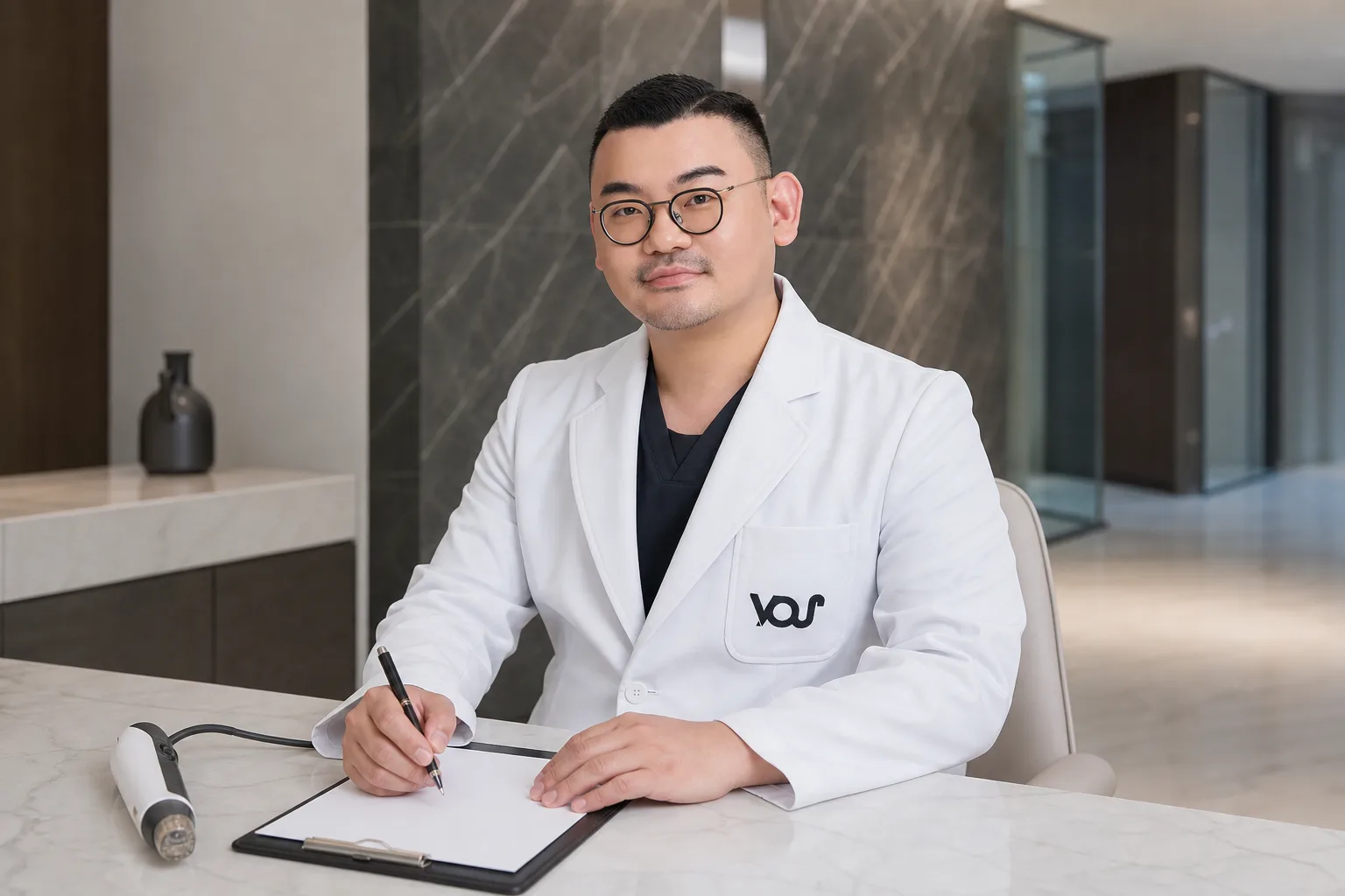 Dr. Hongseok Kim, board-certified dermatologist, writing notes beside a microneedling handpiece in the VOS treatment room, Gangnam