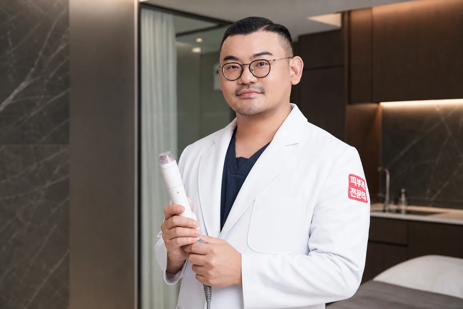 Dr. Hongseok Kim, board-certified dermatologist, holding a microneedling handpiece in the VOS treatment room, Gangnam