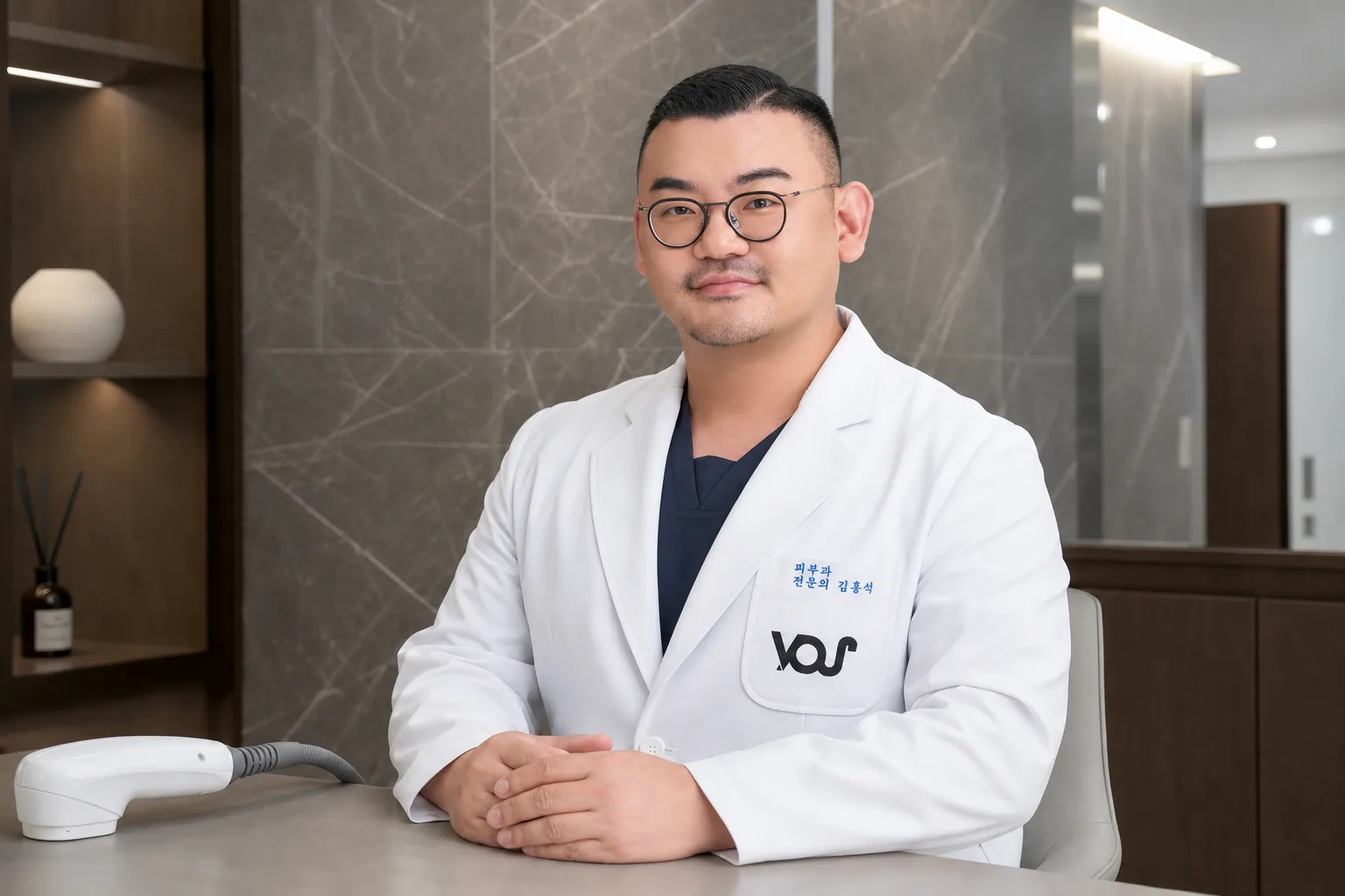 Dr. Hongseok Kim, board-certified dermatologist, seated with a lifting device handpiece in the VOS treatment room, Gangnam