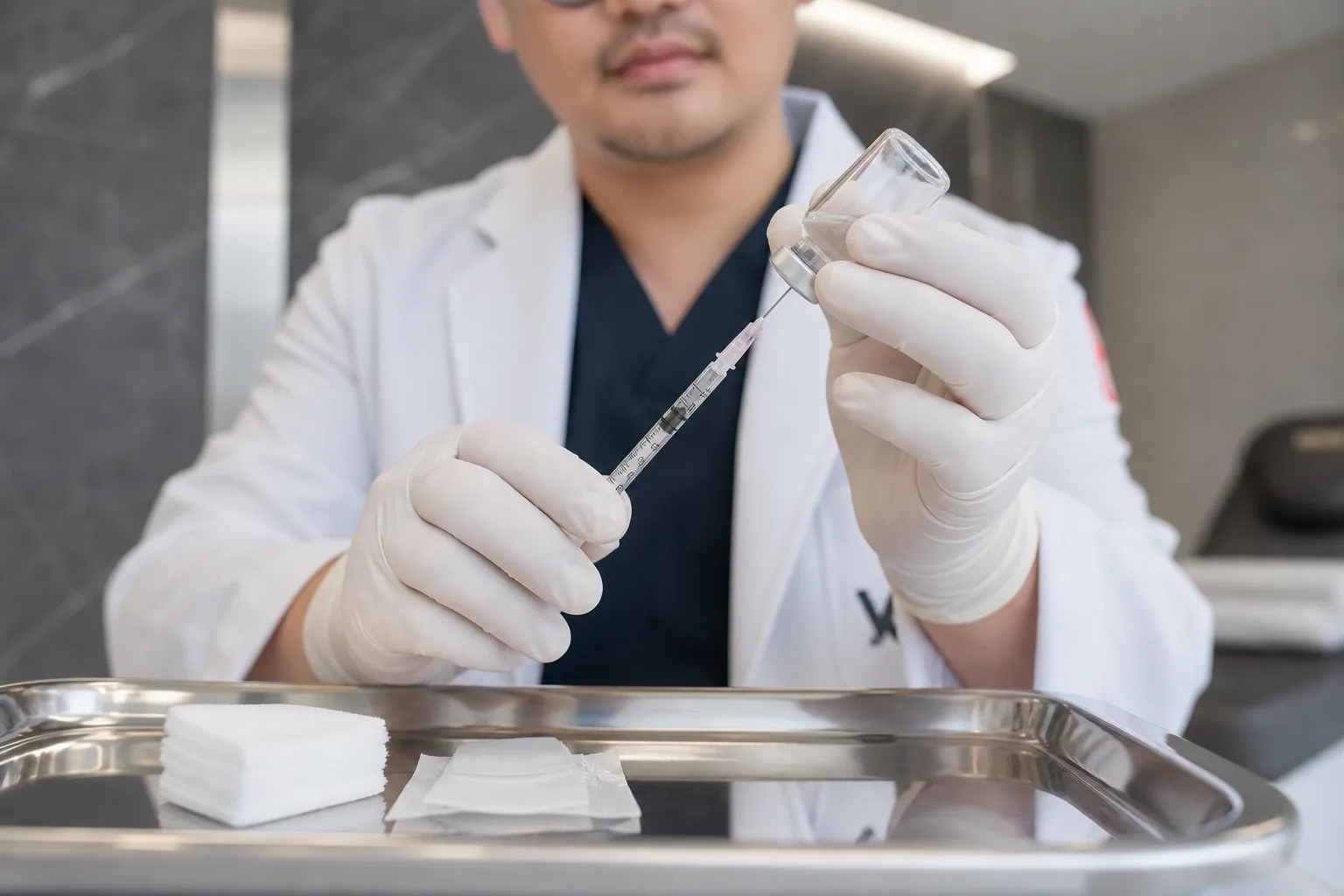 Gloved hands measuring an exact injection dose from a vial at VOS Dermatology Clinic, Gangnam Seoul