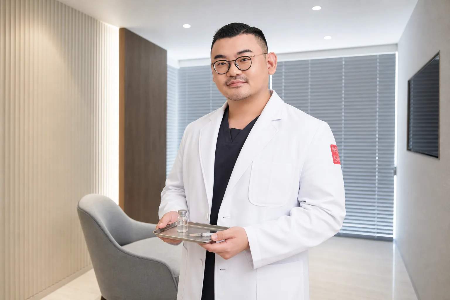Dr. Hongseok Kim, board-certified dermatologist, holding a vial and fine syringe in the VOS consultation room, Gangnam