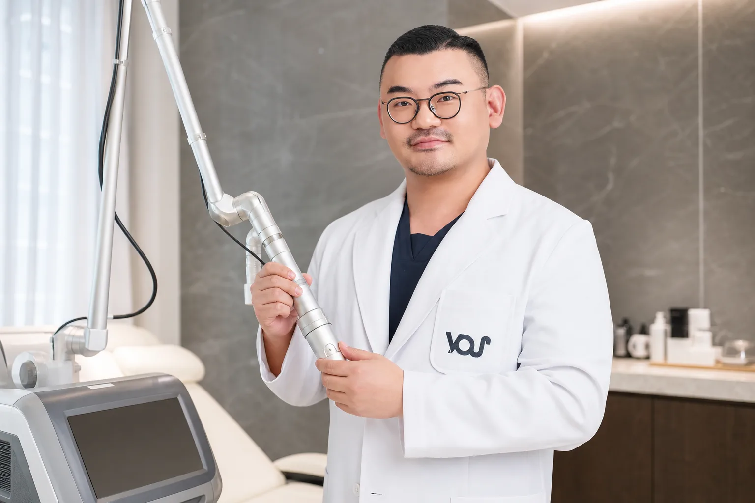 Dr. Hongseok Kim, board-certified dermatologist, holding a laser device in the VOS treatment room, Gangnam