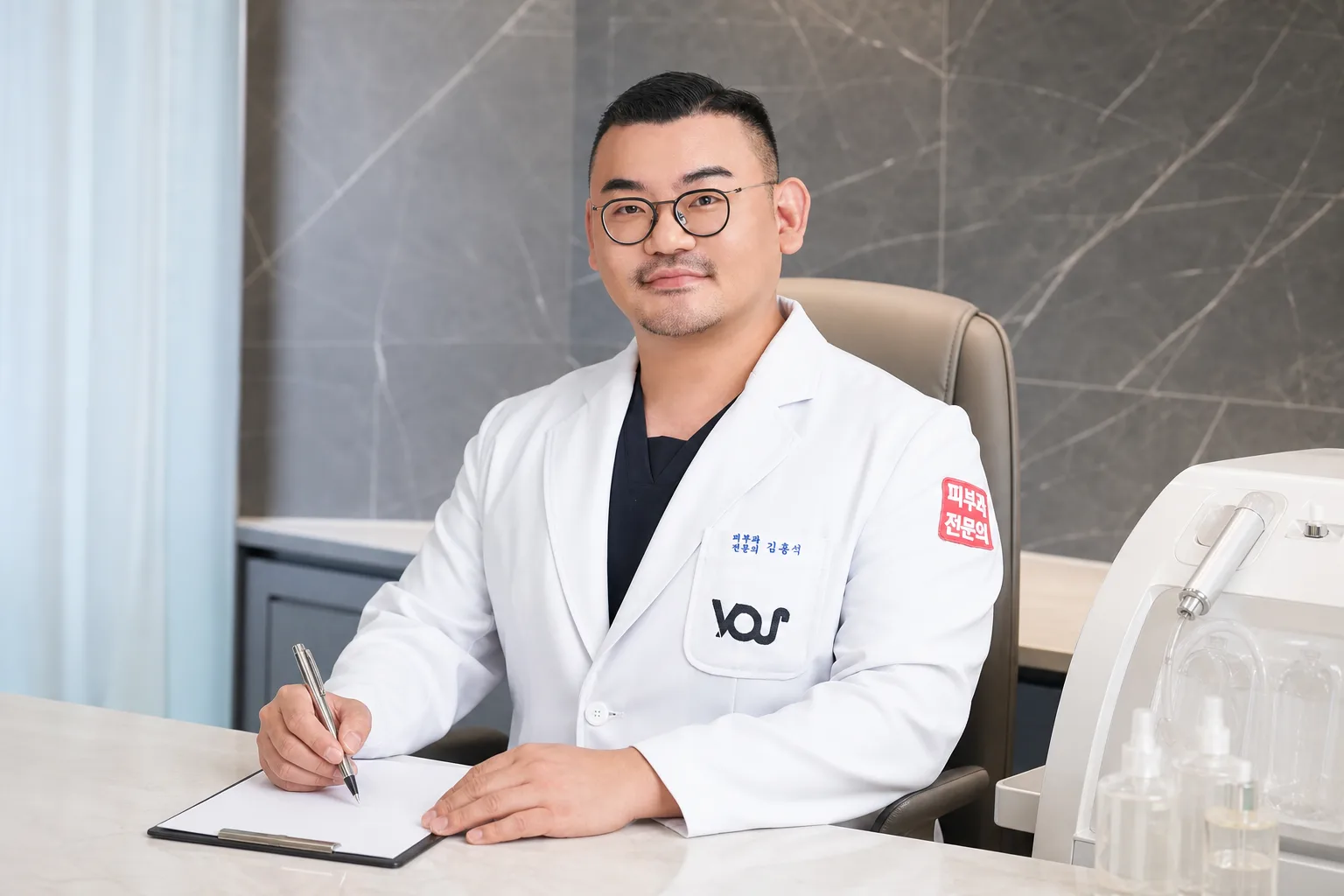 Dr. Hongseok Kim, board-certified dermatologist, writing notes beside a facial device in the VOS treatment room, Gangnam