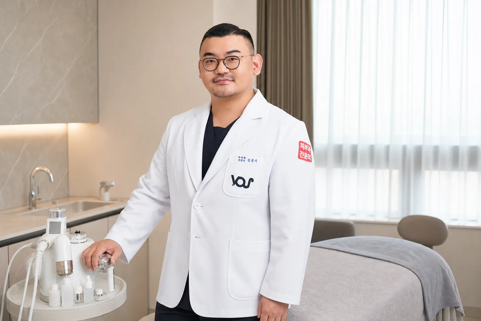Dr. Hongseok Kim, board-certified dermatologist, standing next to a facial device in the VOS treatment room, Gangnam