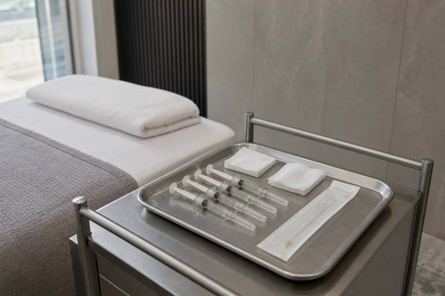 Steel tray with syringes, gauze squares and a packaged cannula beside a treatment bed at VOS Dermatology Clinic, Gangnam Seoul