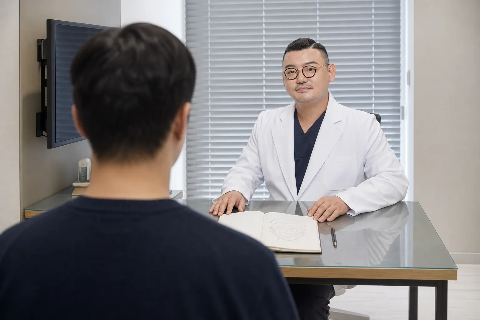 Dr. Hongseok Kim at his desk with a simple face sketch, talking a patient seen from behind through a filler plan in the VOS consultation room