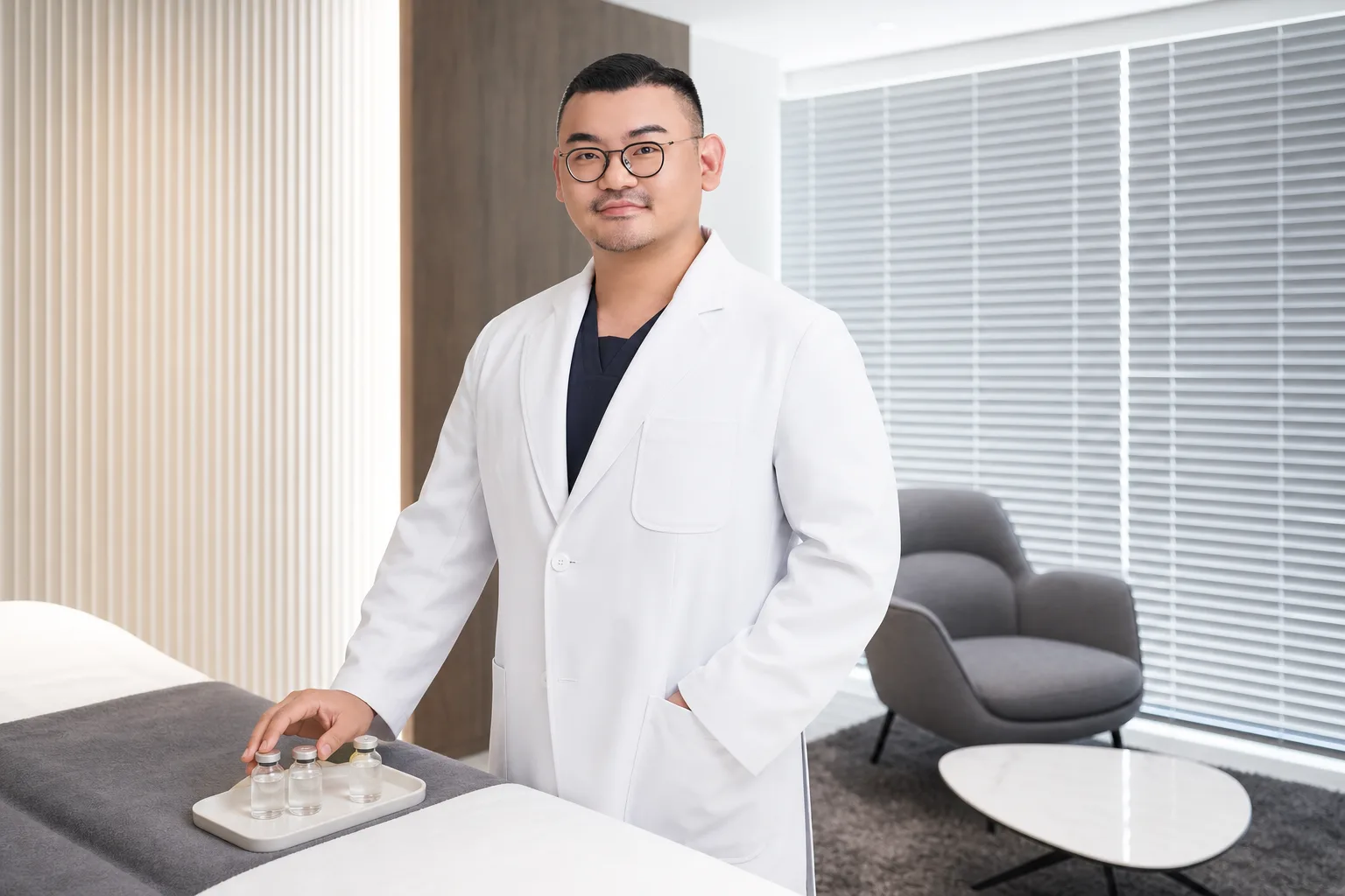 Dr. Hongseok Kim, board-certified dermatologist, standing next to skin-booster vials in the VOS consultation room, Gangnam