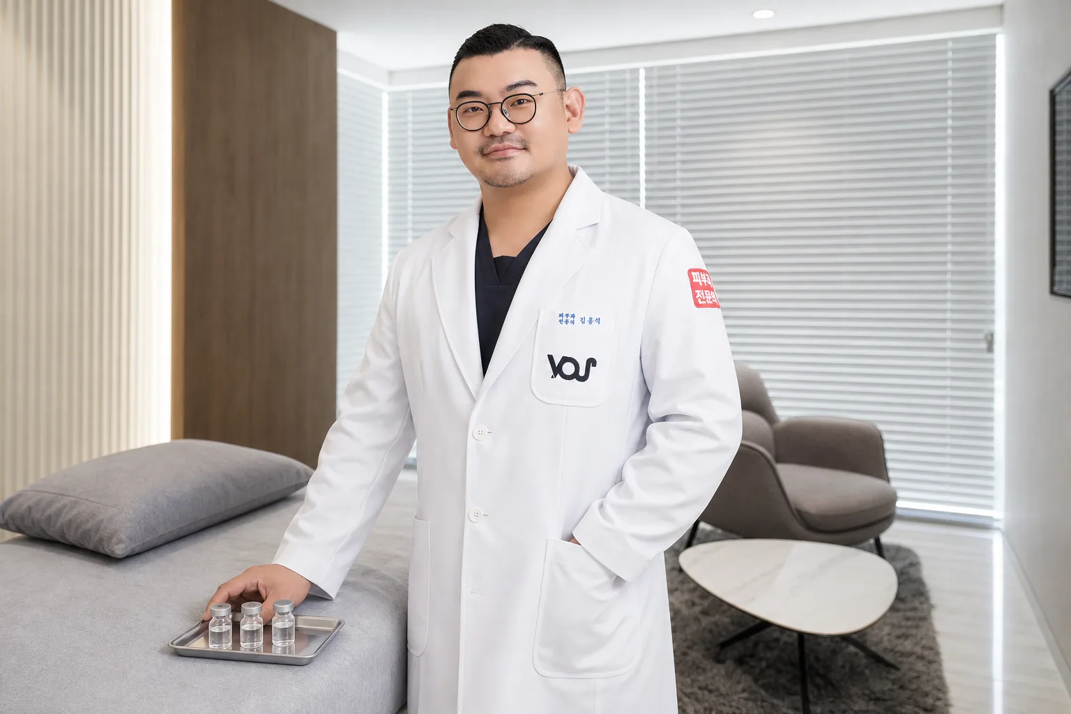 Dr. Hongseok Kim, board-certified dermatologist, standing next to skin-booster vials in the VOS consultation room, Gangnam