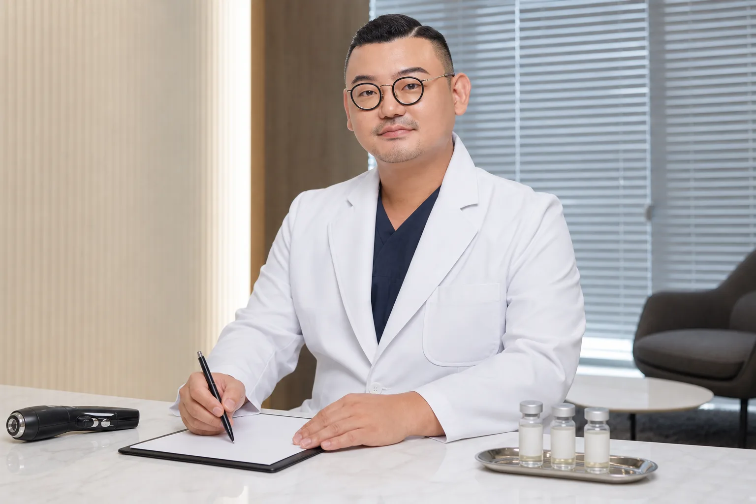 Dr. Hongseok Kim, board-certified dermatologist, writing notes beside skin-booster vials in the VOS consultation room, Gangnam