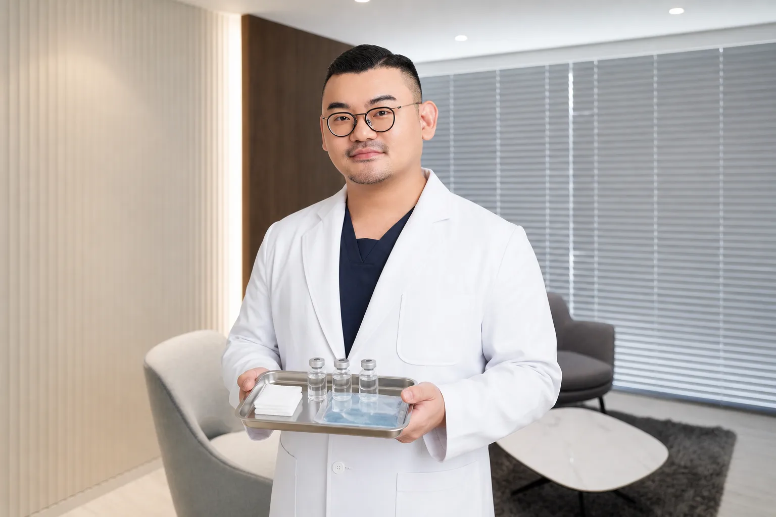 Dr. Hongseok Kim, board-certified dermatologist, holding skin-booster vials in the VOS consultation room, Gangnam