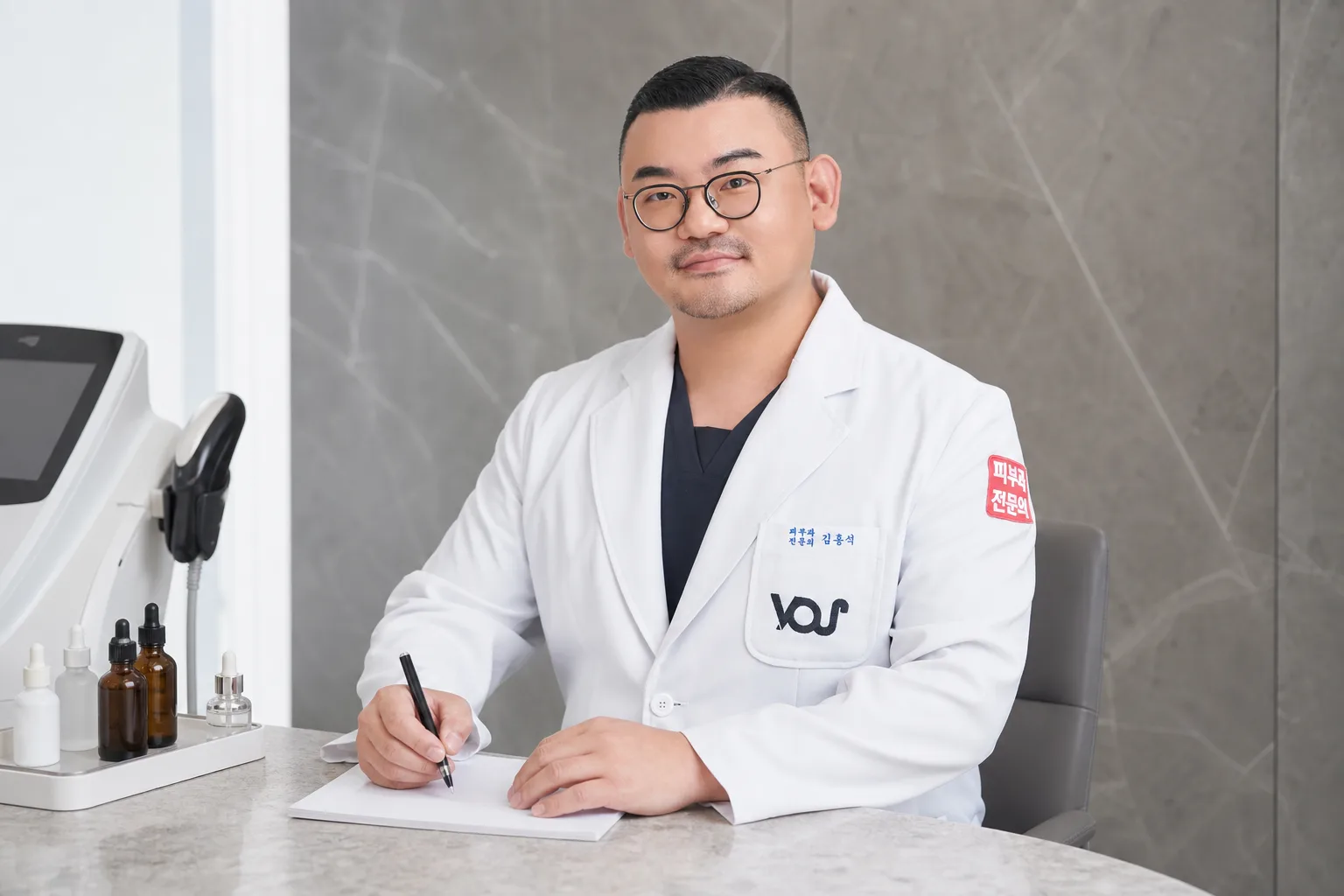Dr. Hongseok Kim, board-certified dermatologist, writing notes beside a facial device in the VOS treatment room, Gangnam