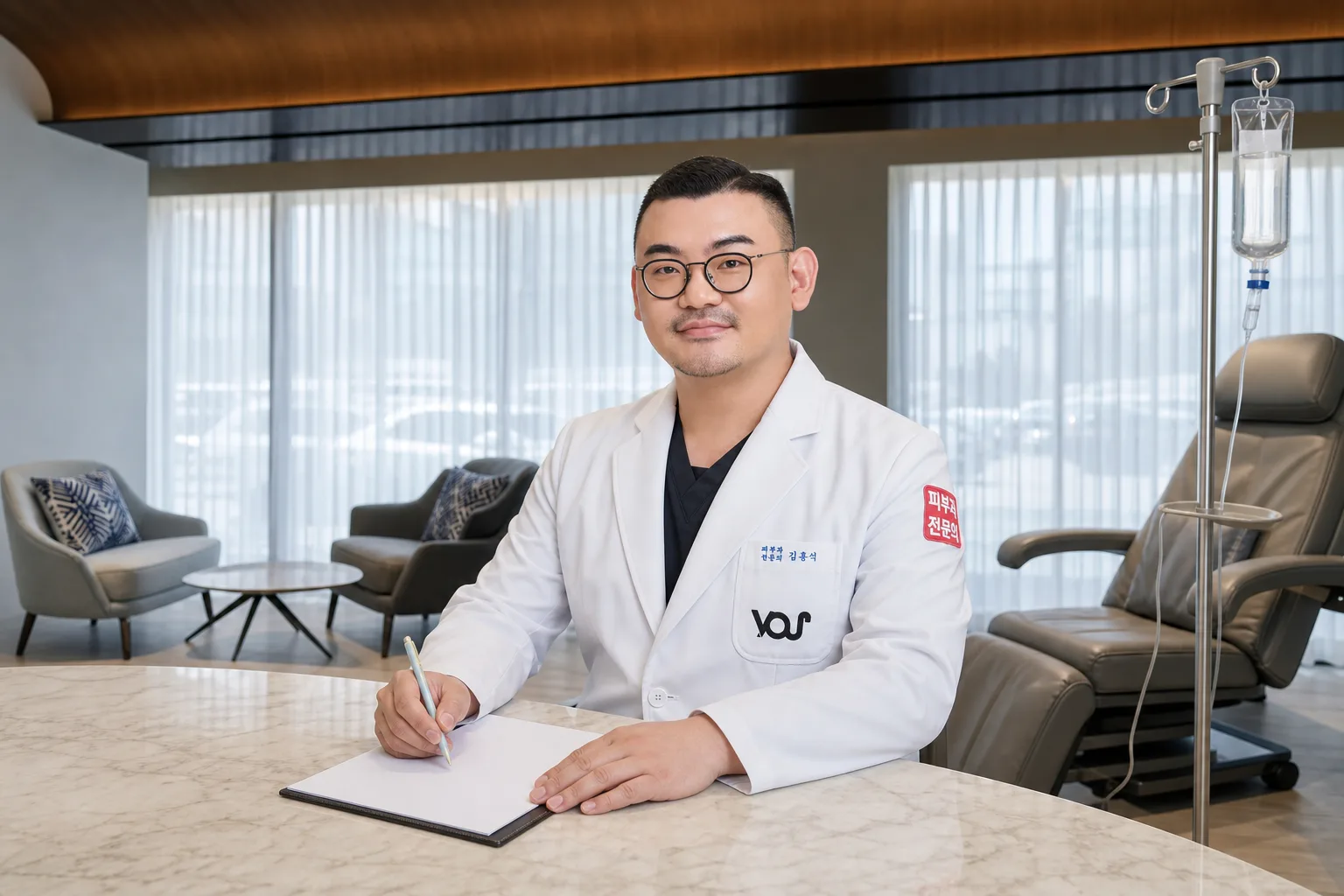 Dr. Hongseok Kim, board-certified dermatologist, writing notes beside an IV drip stand in the VOS private lounge, Gangnam