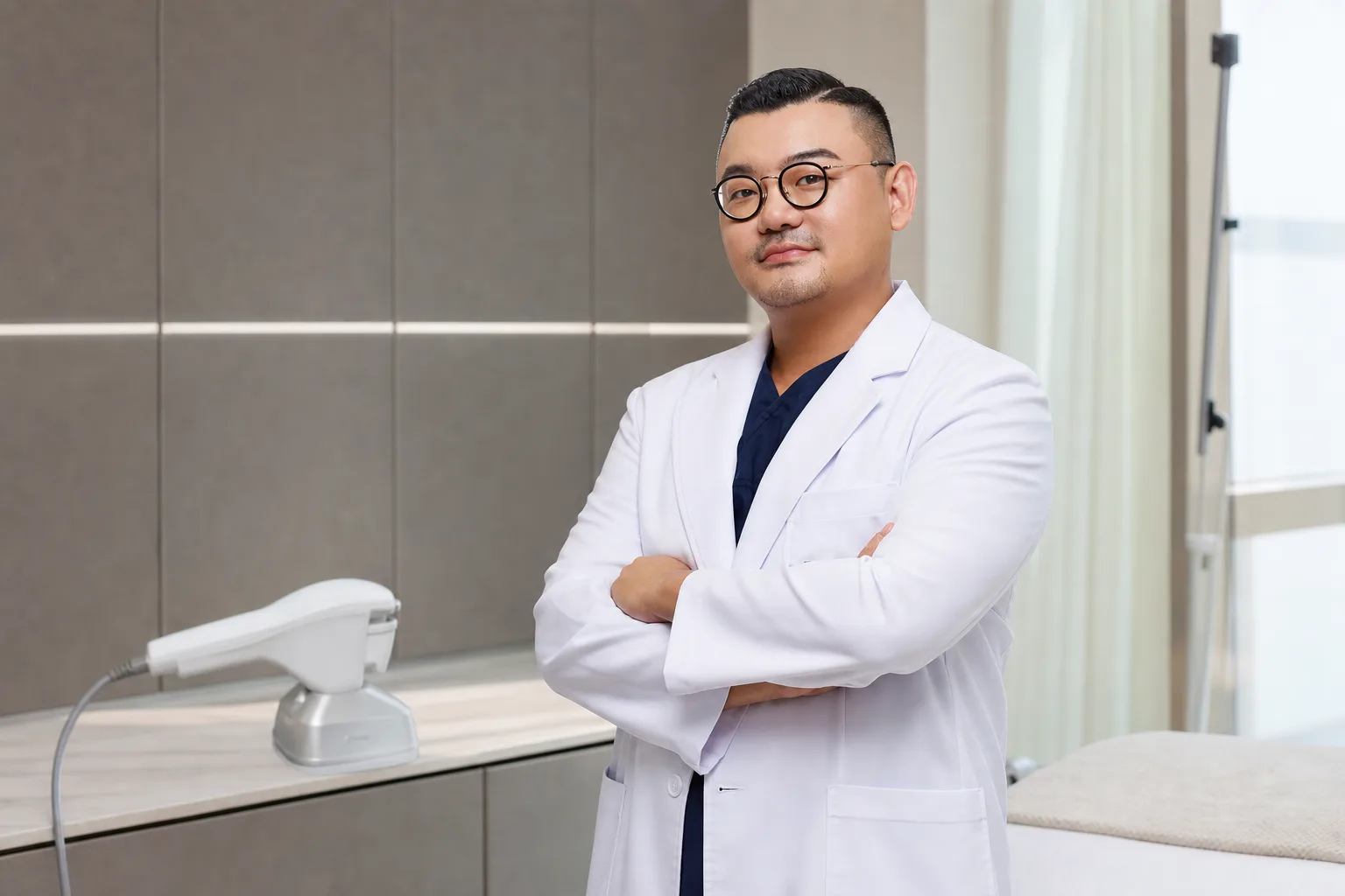 Dr. Hongseok Kim, board-certified dermatologist, standing beside focused-ultrasound handpiece in the VOS treatment room, Gangnam