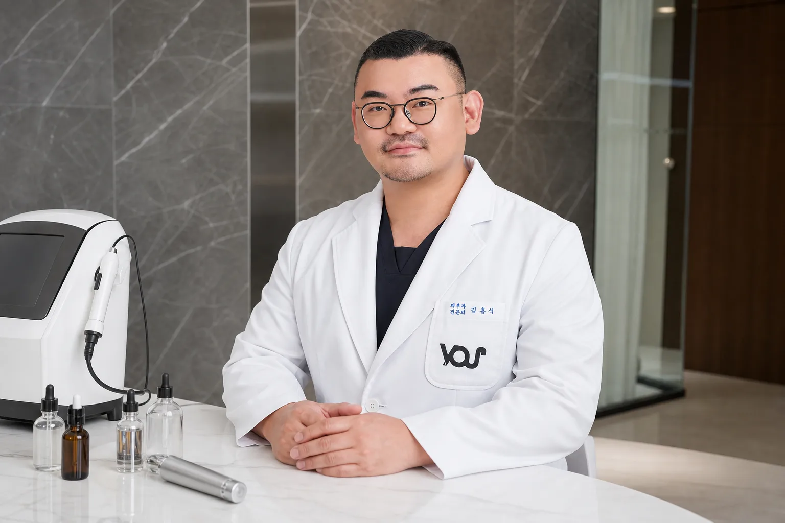 Dr. Hongseok Kim, board-certified dermatologist, seated with a facial device in the VOS treatment room, Gangnam