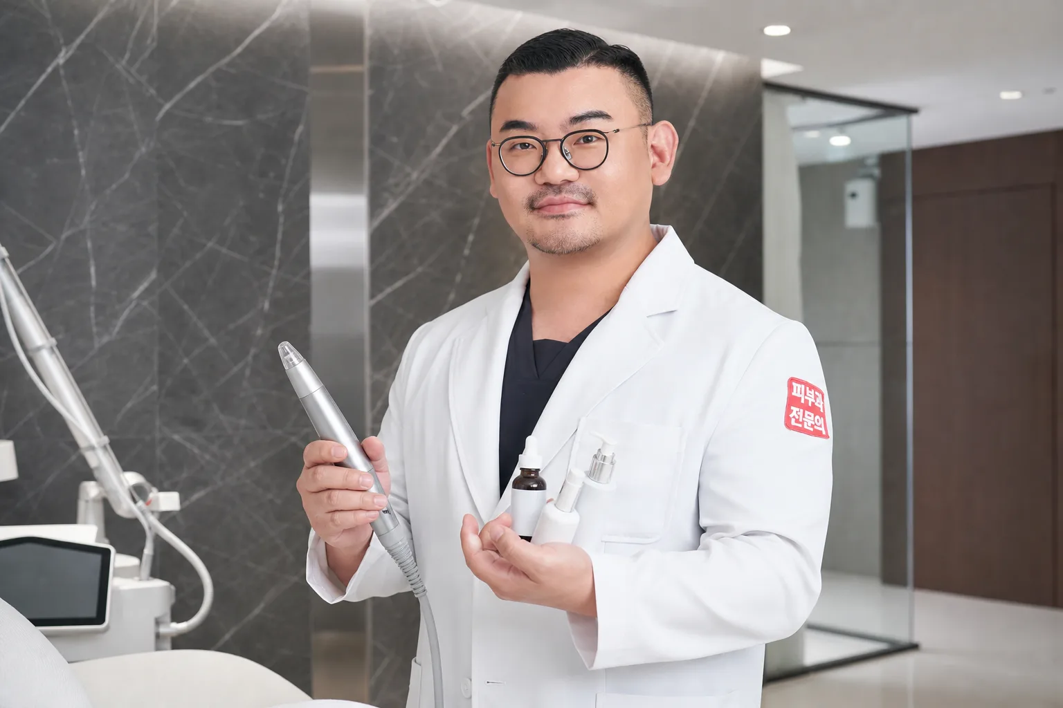 Dr. Hongseok Kim, board-certified dermatologist, holding a facial device in the VOS treatment room, Gangnam