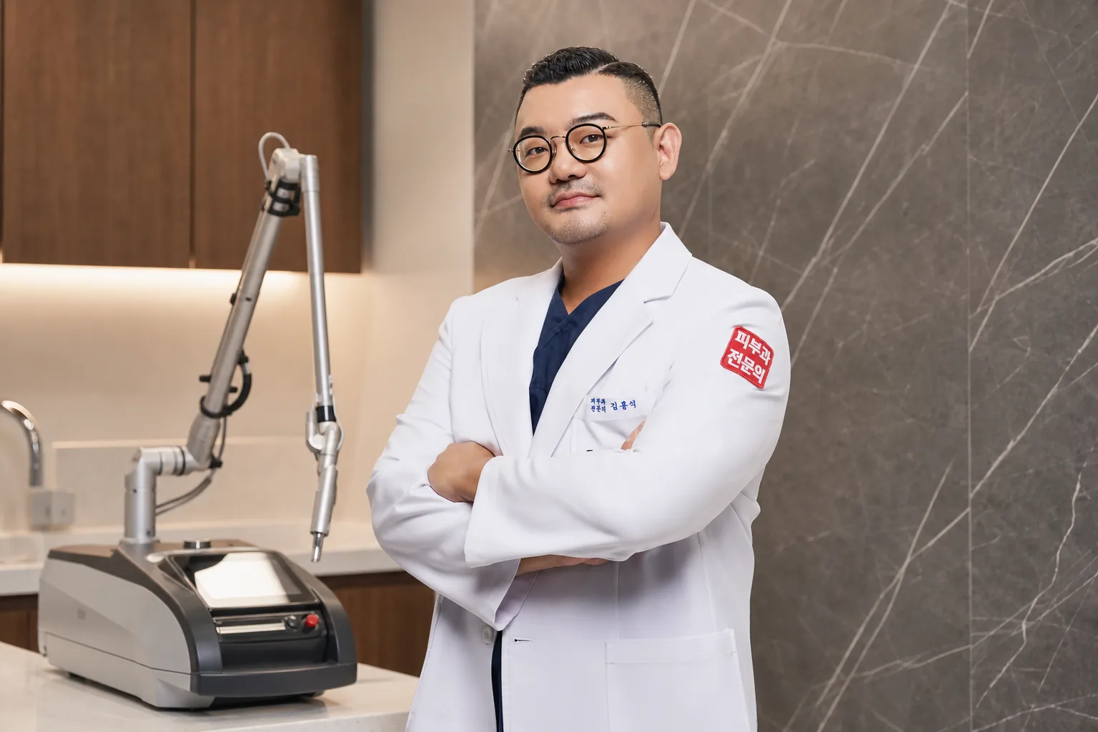 Dr. Hongseok Kim, board-certified dermatologist, standing beside a laser device in the VOS treatment room, Gangnam