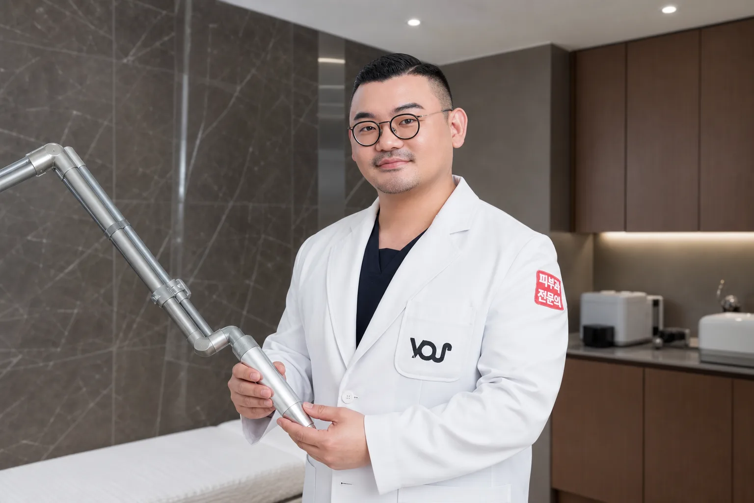 Dr. Hongseok Kim, board-certified dermatologist, holding a laser device in the VOS treatment room, Gangnam
