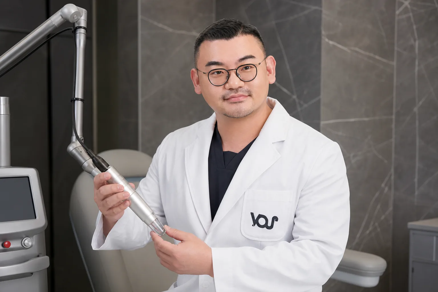 Dr. Hongseok Kim, board-certified dermatologist, examining a laser device in the VOS treatment room, Gangnam