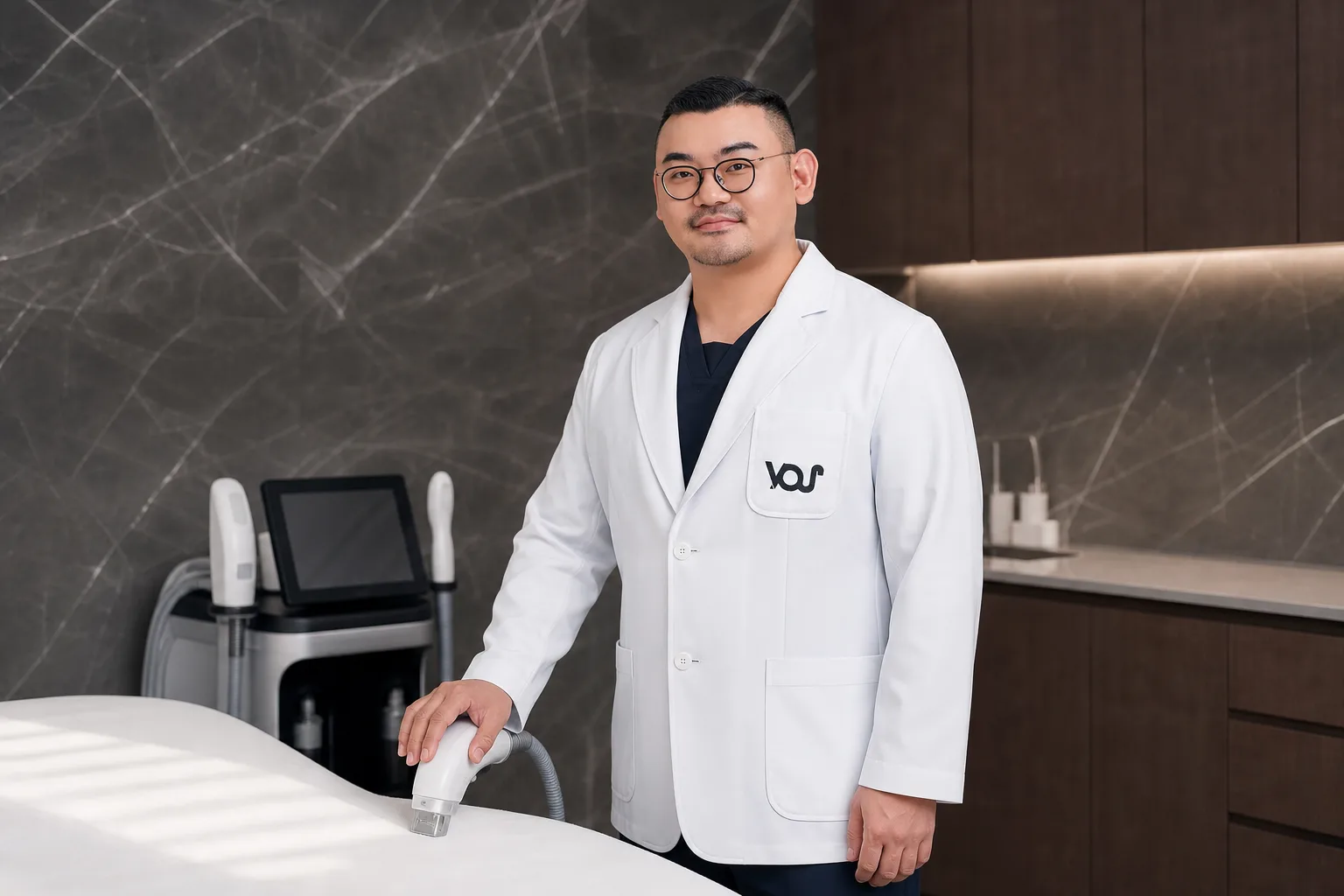 Dr. Hongseok Kim, board-certified dermatologist, standing next to a microneedling handpiece in the VOS treatment room, Gangnam