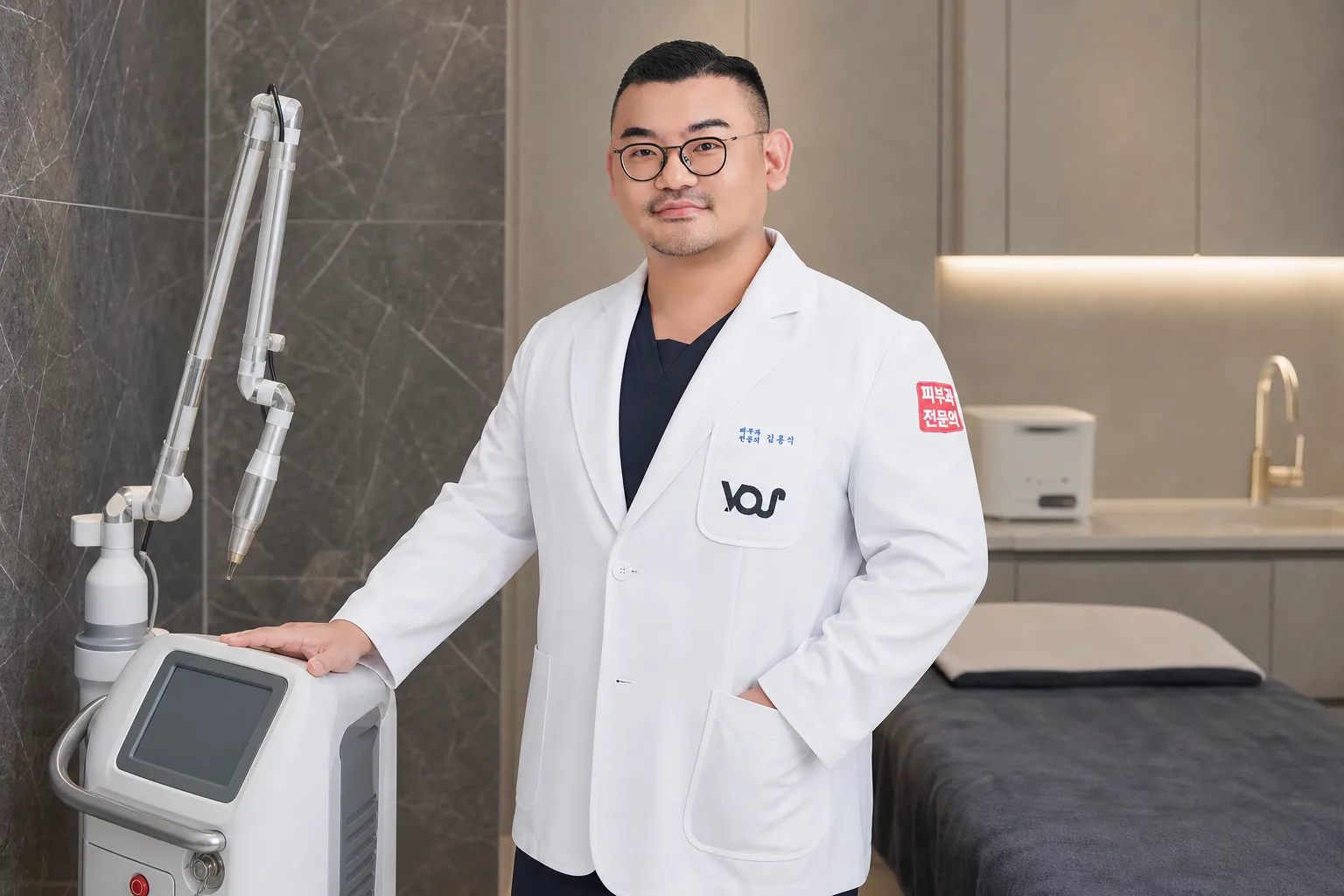 Dr. Hongseok Kim, board-certified dermatologist, standing next to a laser device in the VOS treatment room, Gangnam