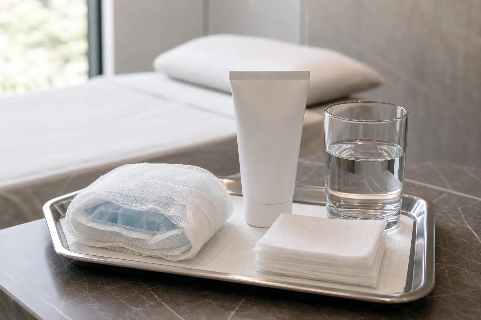 Cold pack wrapped in gauze, a plain tube, gauze squares and a glass of water set out for aftercare at VOS Dermatology