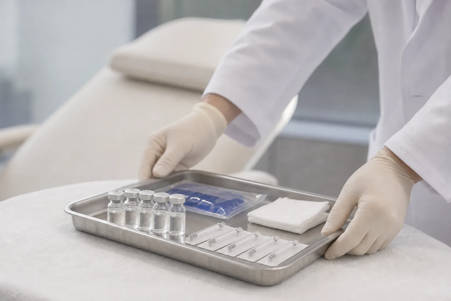 Sterile tray with skin booster vials, fine needles and gauze prepared by the doctor in a VOS Dermatology treatment room