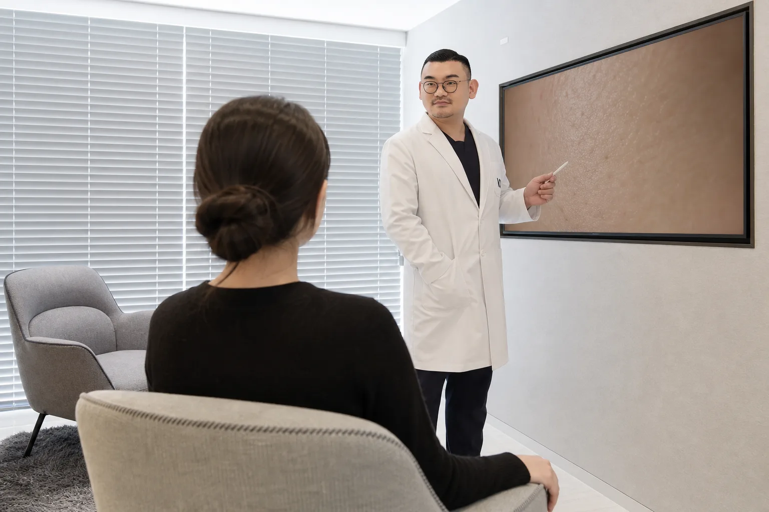 Dr. Hongseok Kim explaining a magnified skin-texture image to a patient before a salmon DNA booster at VOS Dermatology, Gangnam