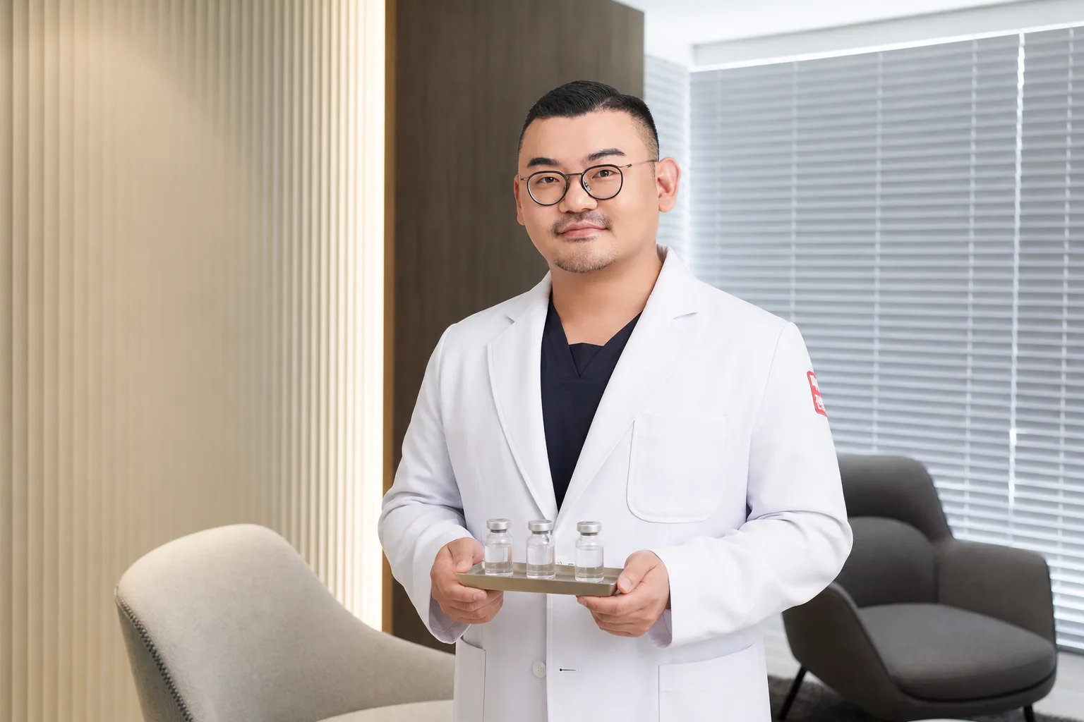 Dr. Hongseok Kim, board-certified dermatologist, holding skin-booster vials in the VOS consultation room, Gangnam
