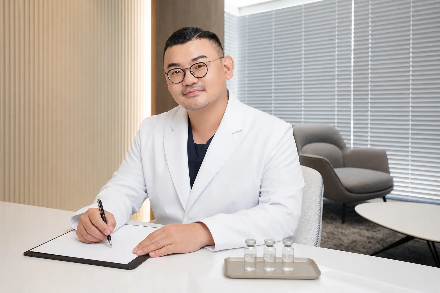Dr. Hongseok Kim, board-certified dermatologist, writing notes beside skin-booster vials in the VOS consultation room, Gangnam