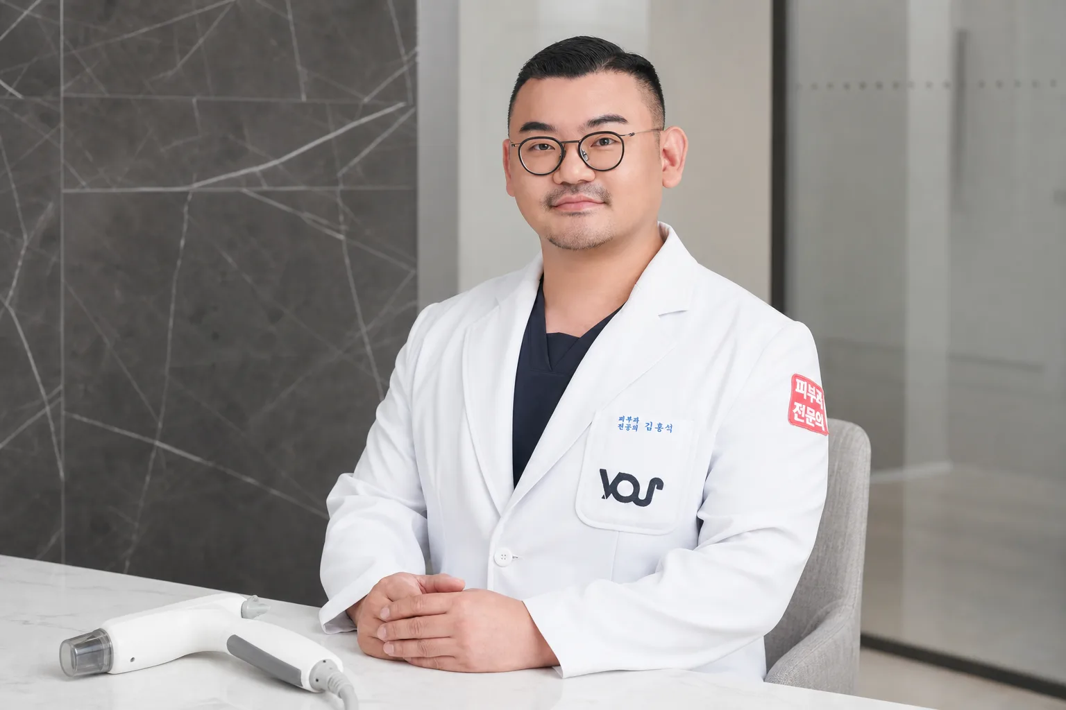 Dr. Hongseok Kim, board-certified dermatologist, seated with a lifting device handpiece in the VOS treatment room, Gangnam