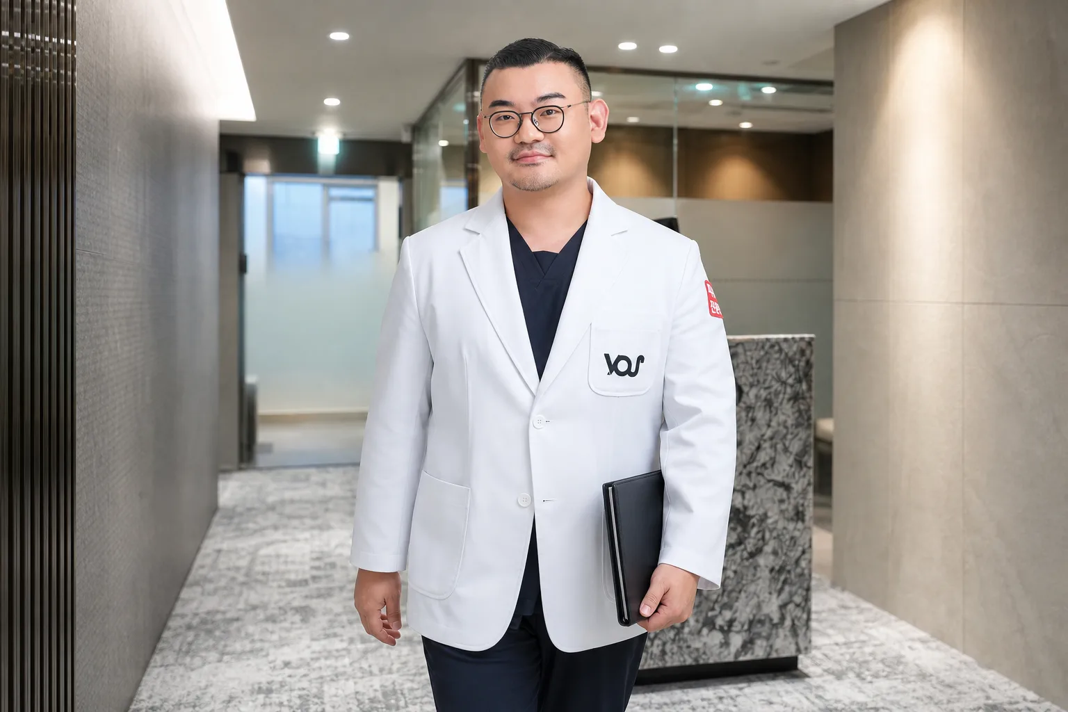 Dr. Hongseok Kim, board-certified dermatologist, walking with a patient folder in the VOS Dermatology corridor, Gangnam