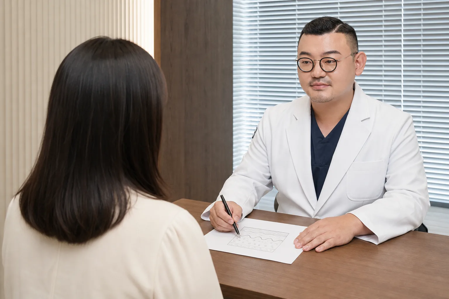Dr. Hongseok Kim sketching the layers of the skin on paper for a patient, seen from behind, during a pigmentation consultation at VOS Dermatology, Gangnam