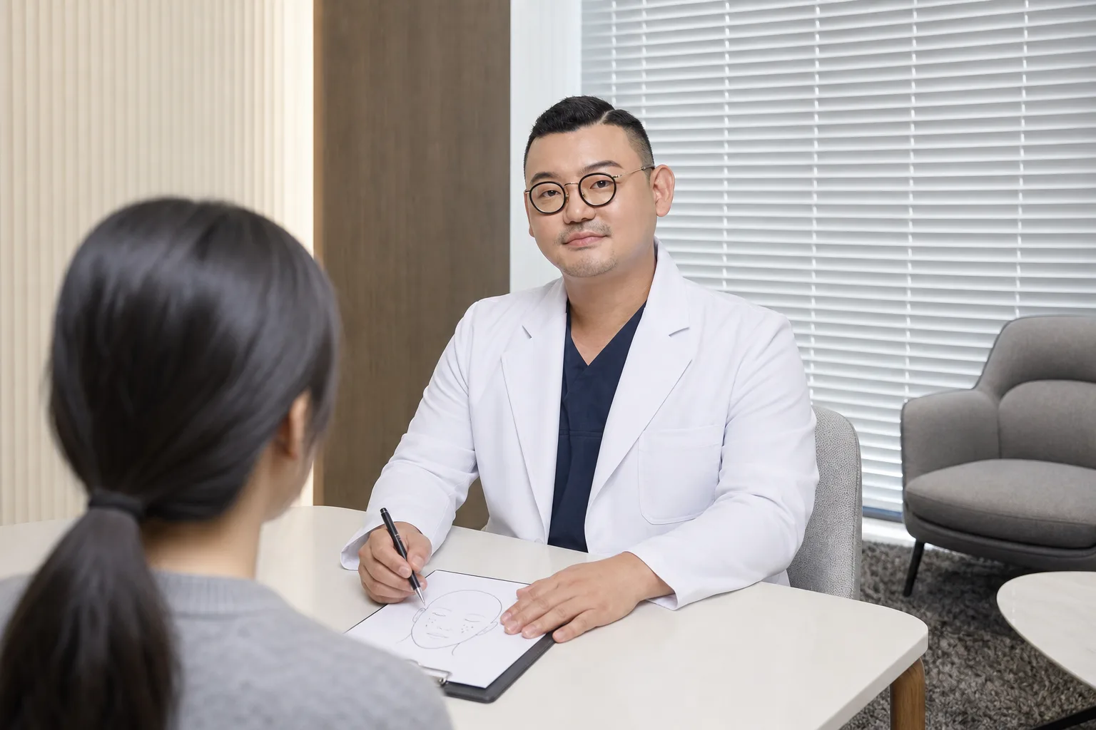 Dr. Hongseok Kim marking dark spots on a face diagram while a patient, seen from behind, listens at a consultation table at VOS Dermatology, Gangnam
