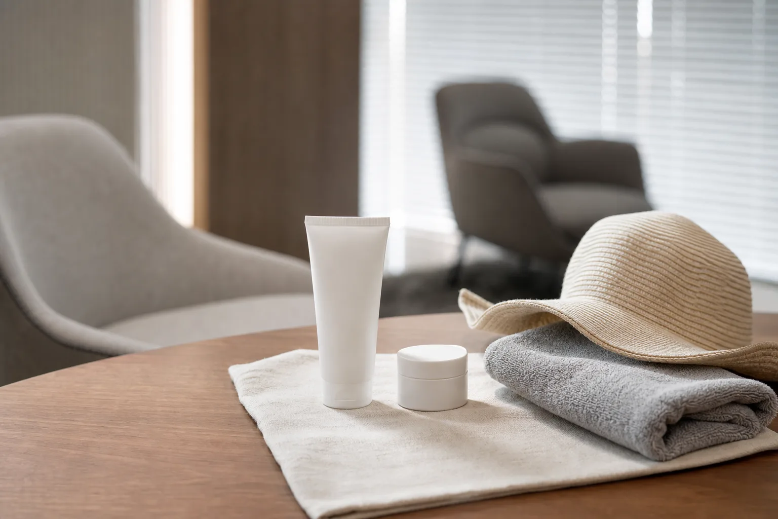 Unlabeled sunscreen tube, a small moisturizer jar, a folded towel and a sun hat laid out on a consultation table at VOS Dermatology, Gangnam