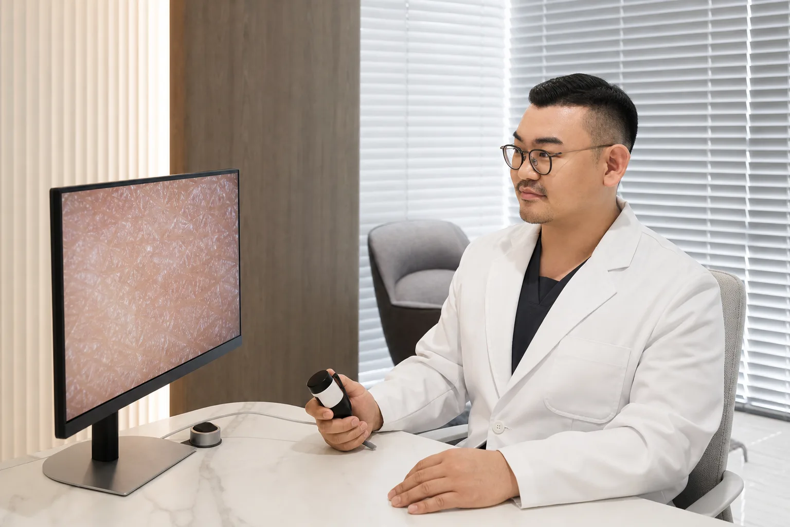 Dr. Hongseok Kim holding a handheld skin scope and reviewing a magnified image of finely lined skin on a monitor at VOS Dermatology