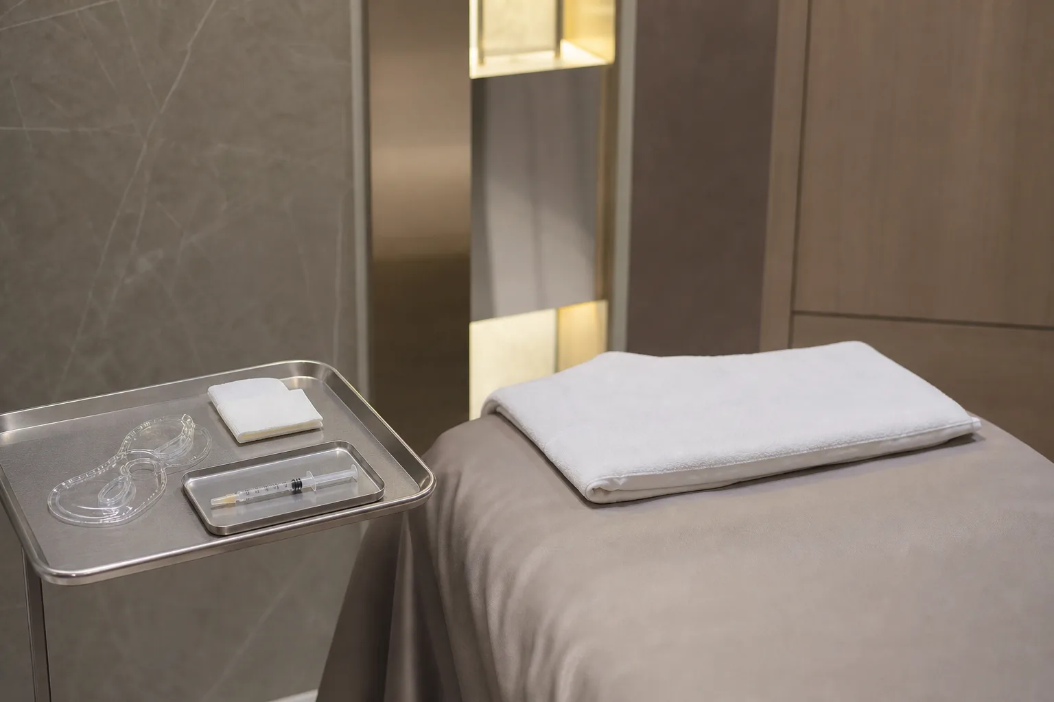 Treatment bed with a folded towel beside a steel tray holding clear eye cool pads, gauze and a small capped syringe in a VOS Dermatology treatment room